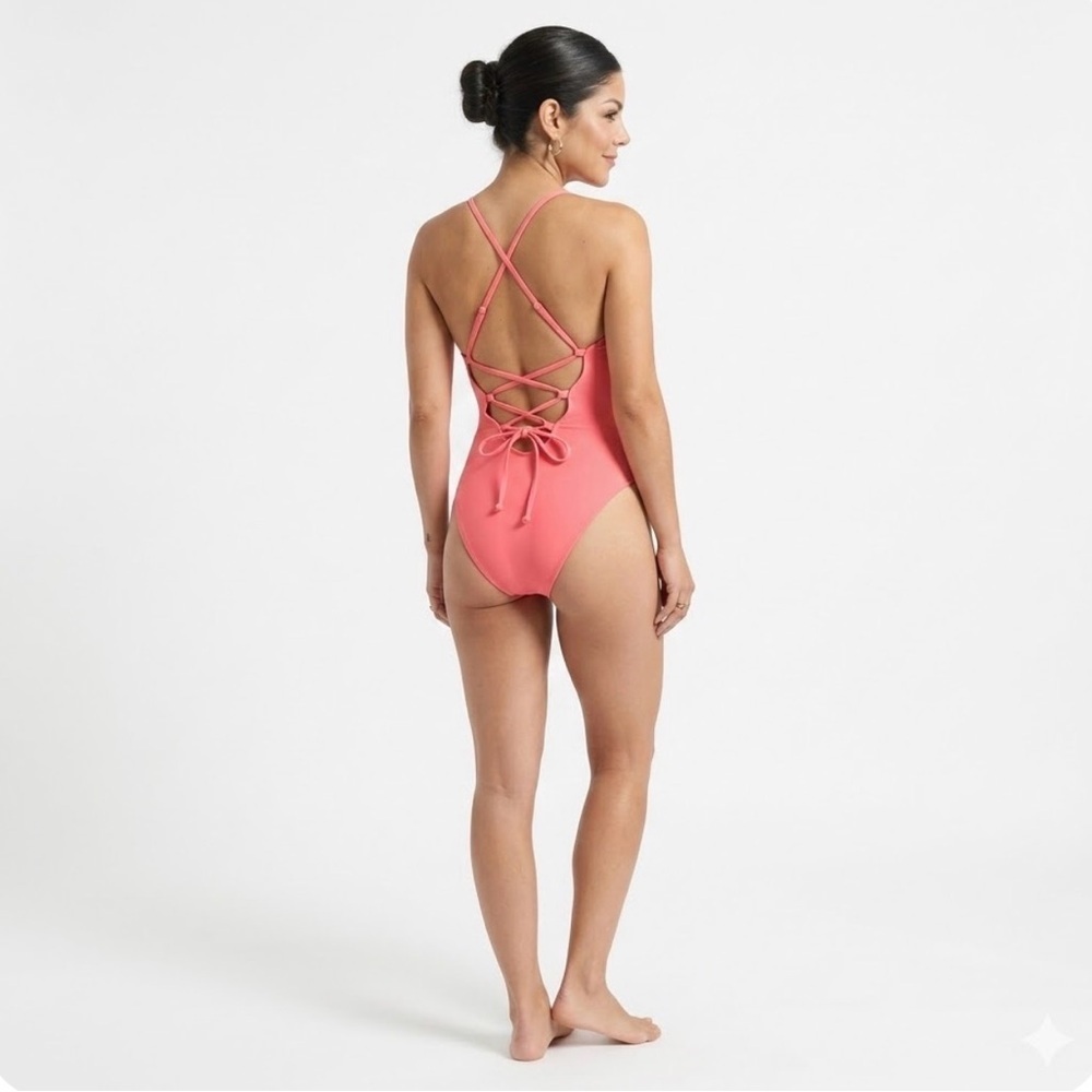 Double Zero Women's Coral Pink One-Piece Swimsuit with Lace-Up Back